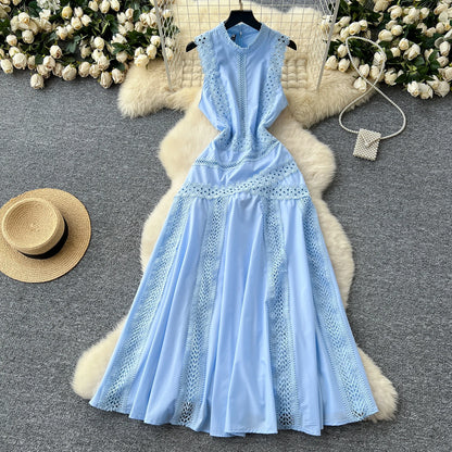 Elegant Women's Sleeveless midi dress Slim 2025 Summer Sky blue Lace patchwork dresses Luxury Black White Vestidos INKEO 5D069