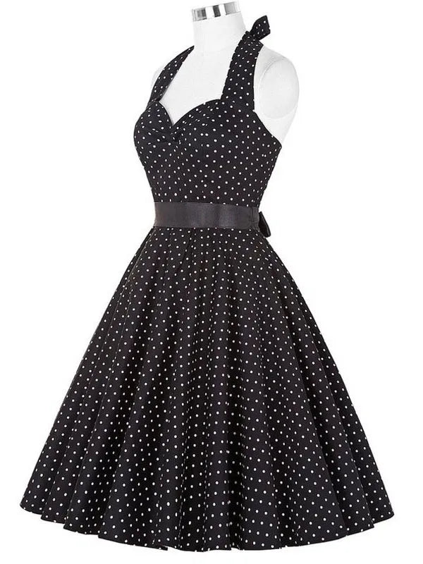 Women Summer Polka Dot Vintage Dress Fashion Party Office Lady 50s 60s Rockabilly Big Swing Halter Clothes Tunic Vestidos