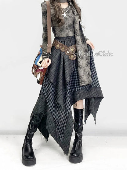 REDDACHiC Big Size Asymmetrical Plaid Skirt Retro Punk Raw Edge Irregular Patchwork Elastic Waist Long Skirt Women Acubi Fashion
