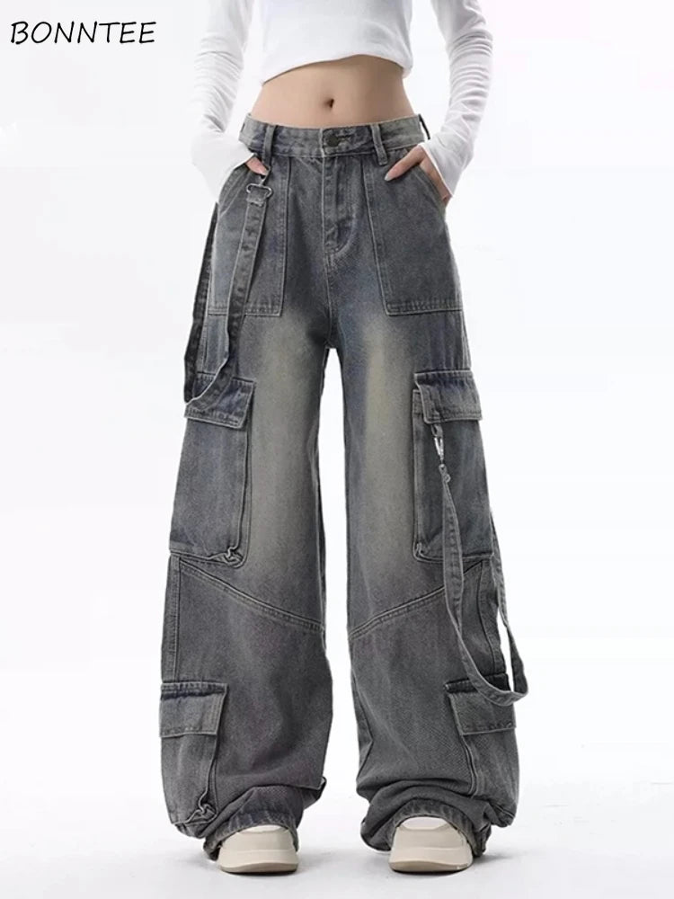 Cargo Jeans for Women Baggy High Street Chic All-match Daily Vintage Ins Waist Trousers Autumn Popular Multi-pockets Classic