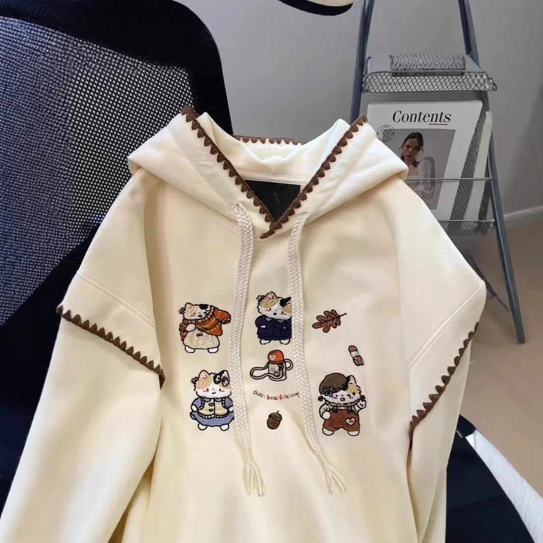 Design Sensation Small Audience Cartoon Cat Embroidery Sweatshirt Women Early Autumn Sweet Milk Cute Small Size Hooded Jacket To