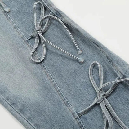 MEXZT Y2K 2000S Jeans Women Vintage Streetwear Bow Bandage Wide Leg Denim Pants Harajuku Korean Baggy Casual Straight Trousers
