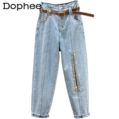 Hot Diamond Harem Jeans Women's 2022 New Summer Sexy Hollow Out High Waist Loose Slimming Denim Trousers Female Blue Baggy Pants