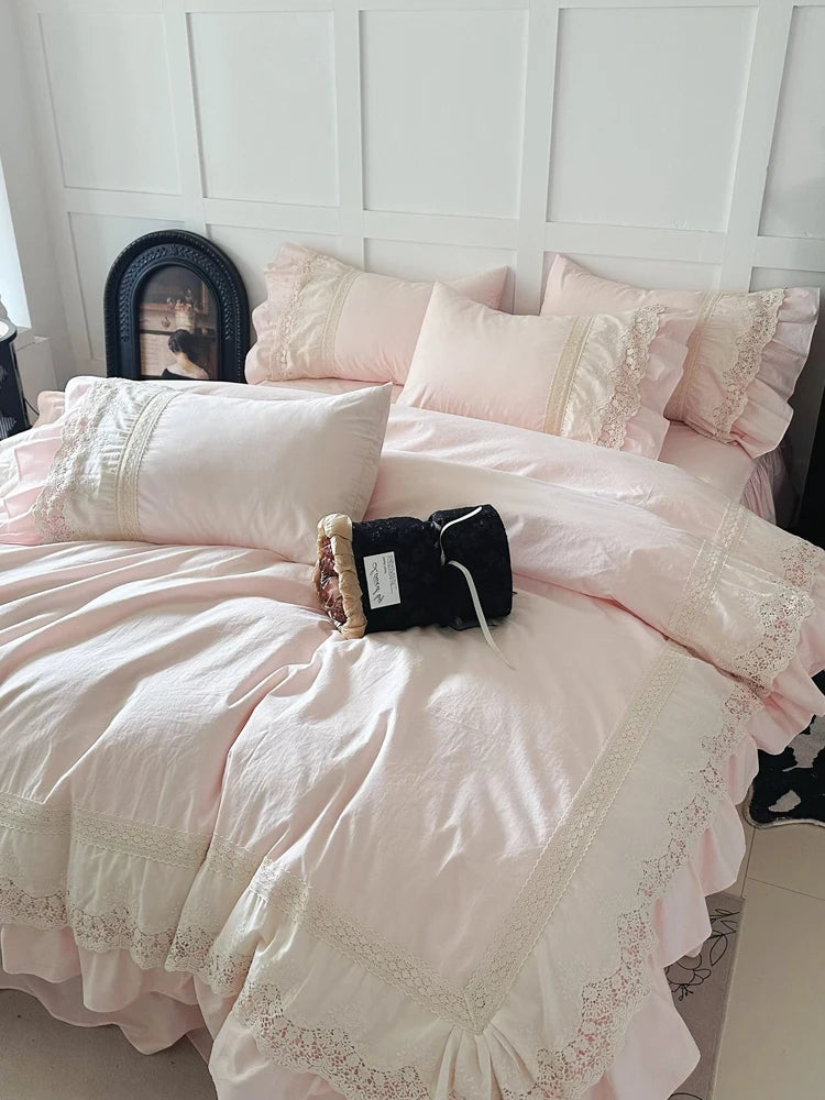 Princ Sle Pure Cotton Pink Bedding Set with Lace s Waed Cotton Duvet Cover eet And Bed Skirt Four Piece Set