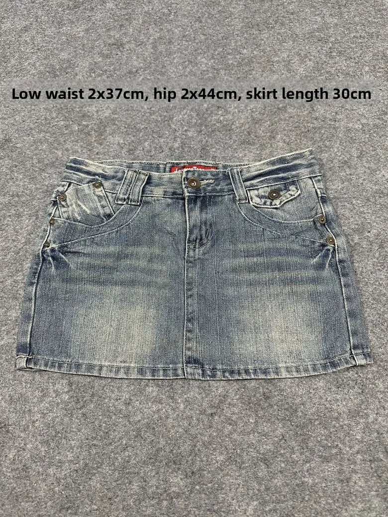 Sexy American Vintage Low Waist Denim  Skirt for Students Z4 Antiquing Y2K Trendy ort Skirt with Handmade Ripped And Fo...