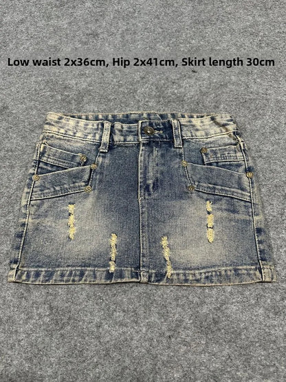 Sexy American Vintage Low Waist Denim  Skirt for Students Z4 Antiquing Y2K Trendy ort Skirt with Handmade Ripped And Fo...