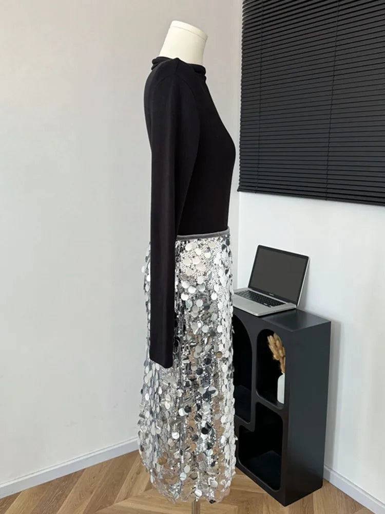 High Quality Silvery Skirt Women High Waist Sequins Sparkly A-Line Skirt Luxury Korean Fashion Sexy Elegant Coquette Party Prom
