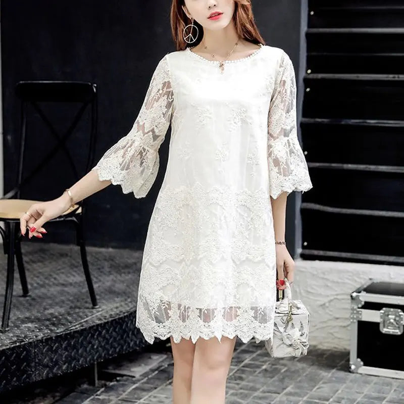Women's Clothing Elegant Lace Patchwork Midi Dress O-Neck Spring Summer 3/4 Sleeve Commute A-Line Fashion Hollow Out Dresses New