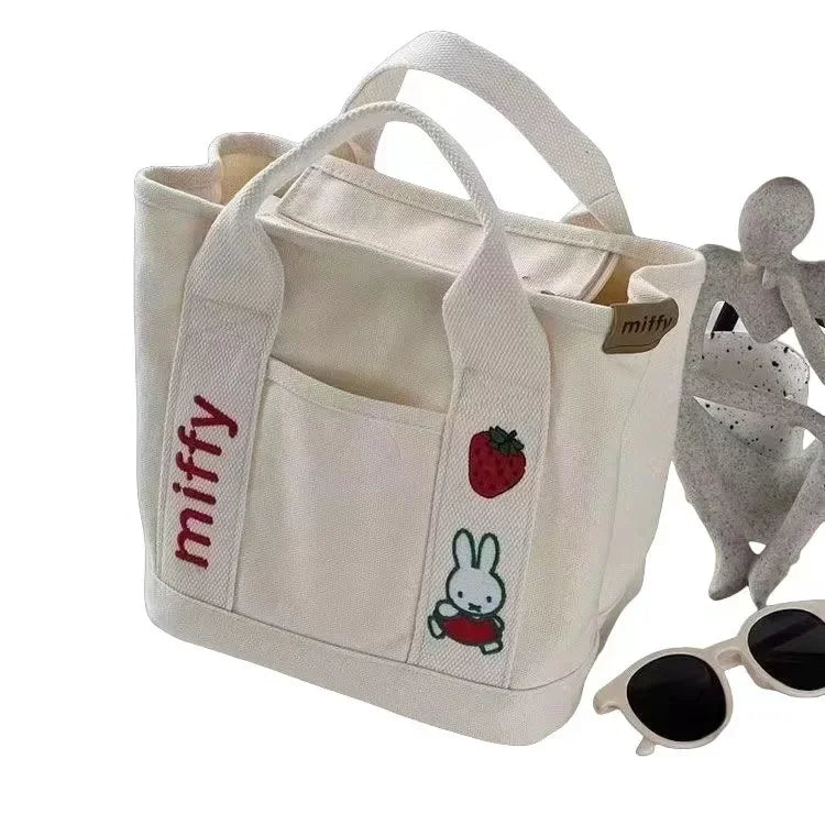 New Anime Kawaii Miffy Embroidery Cute Zipper Bag with Canvas Tote Bag Bento Lunch Box Bag for Friends Christmas Gift