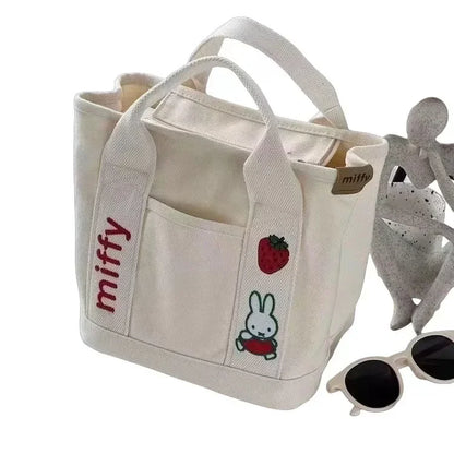 New Anime Kawaii Miffy Embroidery Cute Zipper Bag with Canvas Tote Bag Bento Lunch Box Bag for Friends Christmas Gift