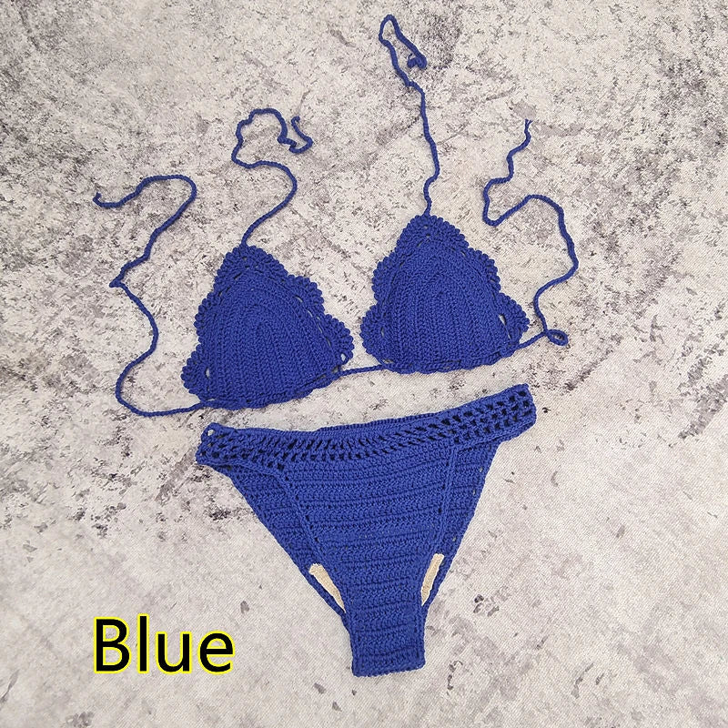 3 Piece Hand Crochet Beach Bikini Set Women Swimwear Cover UP Mini Skirt Swimsuit Suit