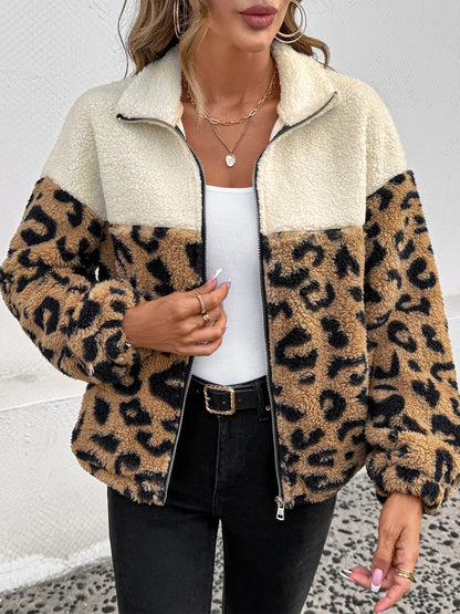 Women's Classic Leopard Print Patchwork Furry Zipper Jacket Trendy Outerwear for Cross-Border Foreign Trade