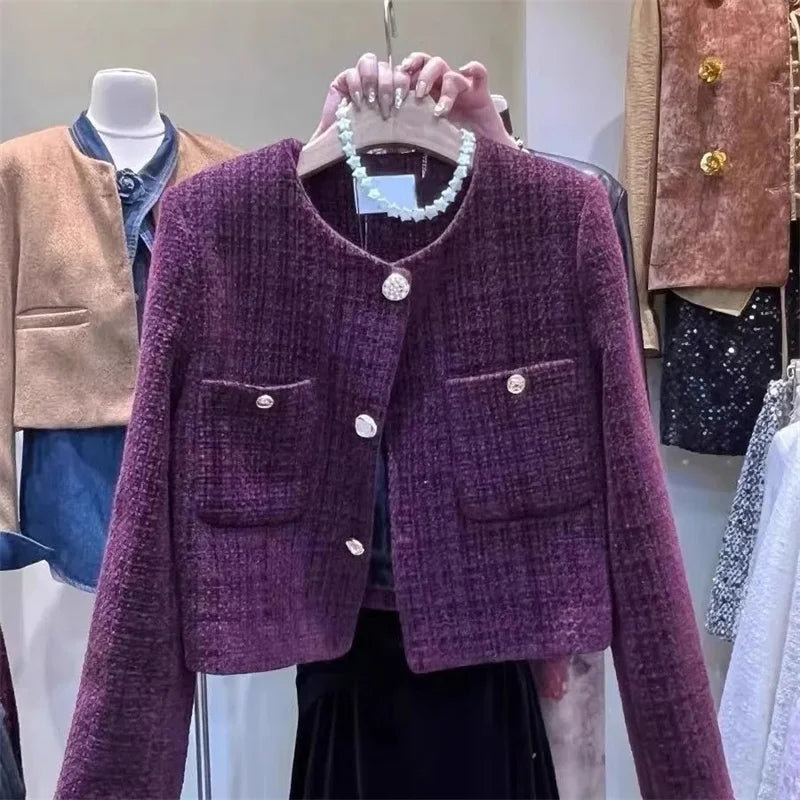 2025 Korean Purple Tweed Short Jacket Women's Coarse Woolen Coat Spring Autumn O-neck Single-breasted Streetwear Lady Outerwear