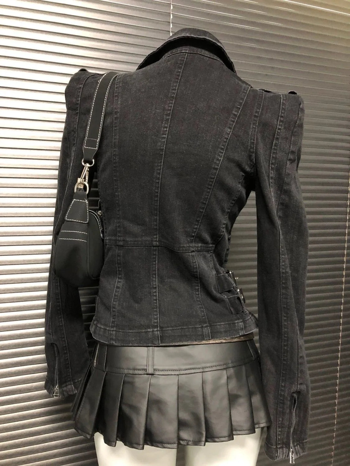 Y2K Gothic Black Coat  Bomber Jacket Women Harajuku Vintage Turn Down Collar Denim Jacket Punk Diagonal Zipper Motorcycle Jacket