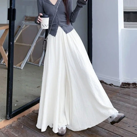 2025 New Women's High Elastic Waist Long Skirts Summer Solid Casual Loose Pleated Maxi Skirt Fashion Streetwear Big Swing Skirts