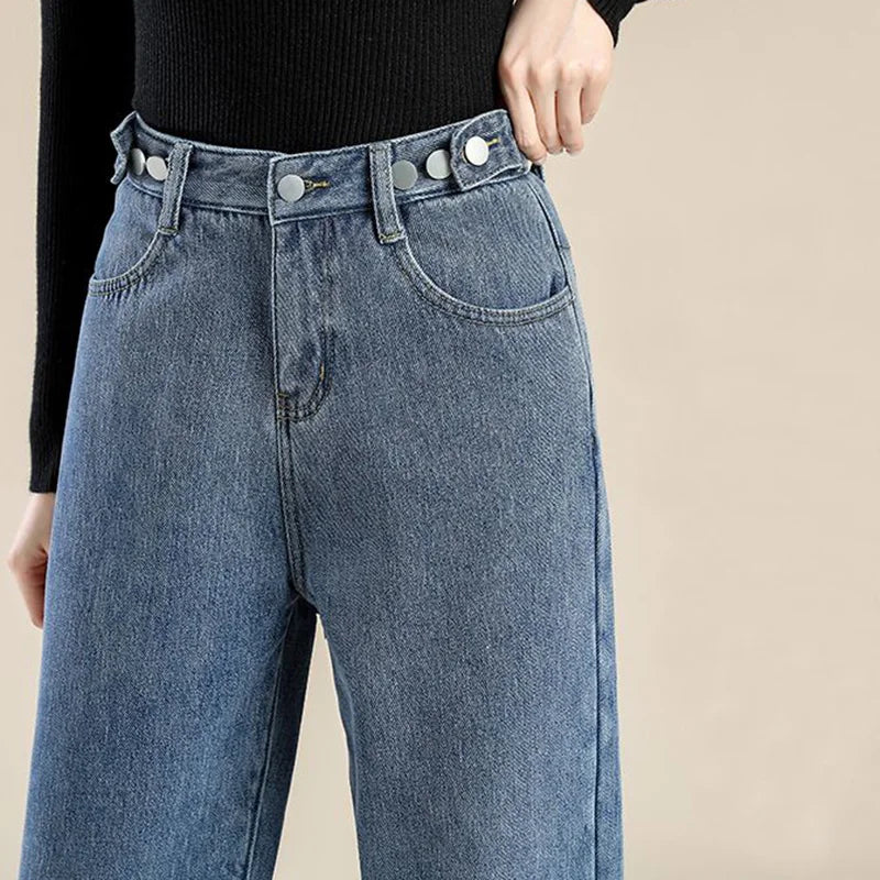 Winter Girls Plush Thermal High Waist Solid Jeans Lady Fleece Snow Warm Denim Pants Women Baggy Straight Leg Daily Trousers