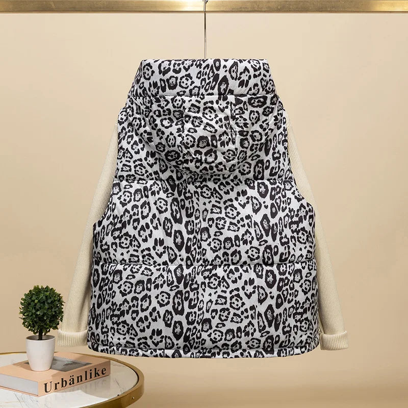 Autumn Winter Leopard Print Cotton Vest For Women American Fashion Hooded Sleeveless Jacket Casual High Street Warm Coat