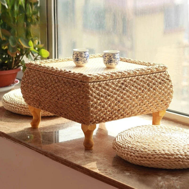 Rattan Floor Tea Table Tatami Style Minimalist Coffee Table for Balcony Low Bedside Small Space Window Area Use
