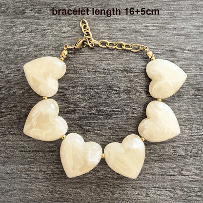 Big Love Heart Necklace Women Choker Statement Bracelet Gold Color Acrylic Beads Stainless Steel PVD Waterproof White Beige Red