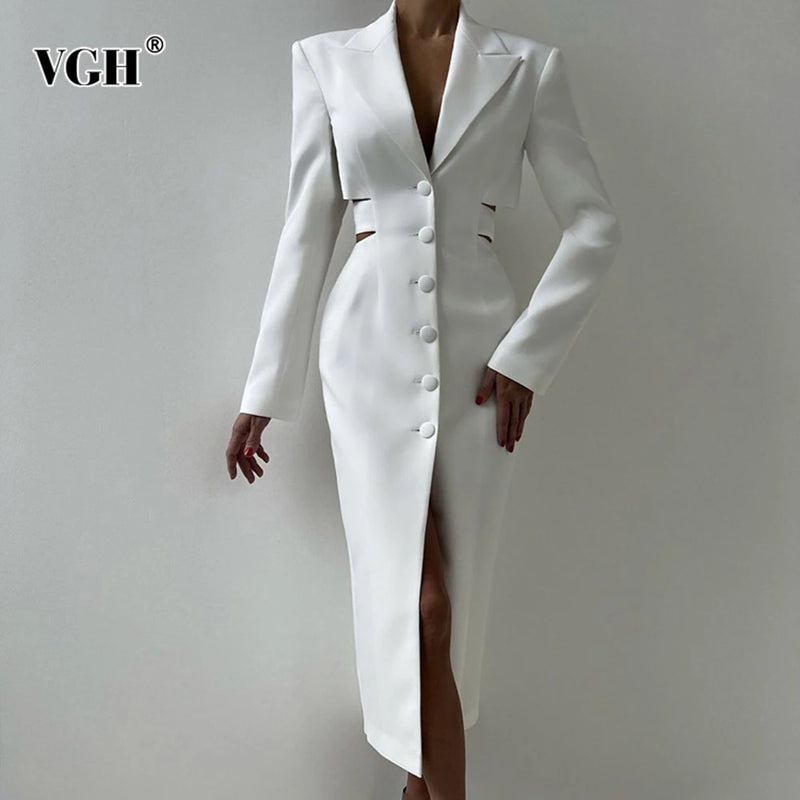 VGH High Street Hollow Out Tunic Dresses for Women Notched Collar Long Sleeve High Waist Spliced Button Temperament Dress Female