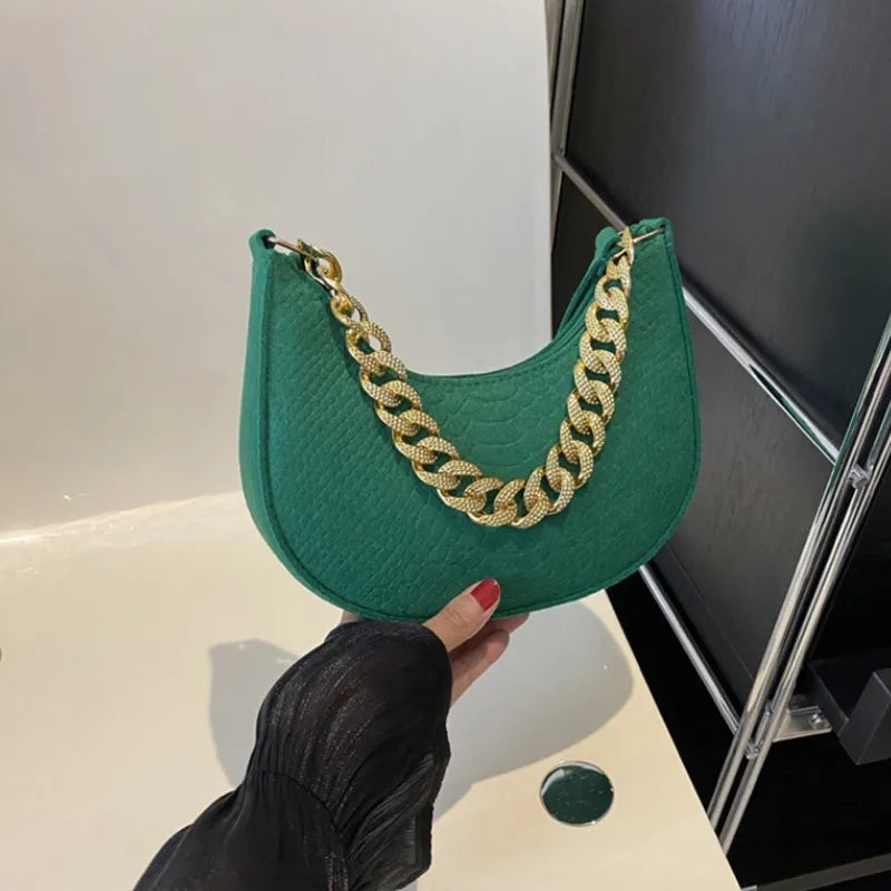 Fashion Women Felt Handbags Imitation Metal Chain Underarm Bag Retro Ladies Solid Color Shoulder Bag Trendy Casual Clutch Purse