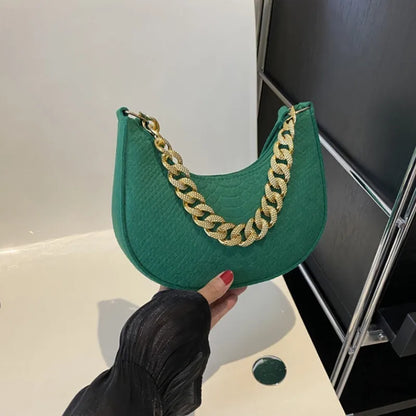 Fashion Women Felt Handbags Imitation Metal Chain Underarm Bag Retro Ladies Solid Color Shoulder Bag Trendy Casual Clutch Purse