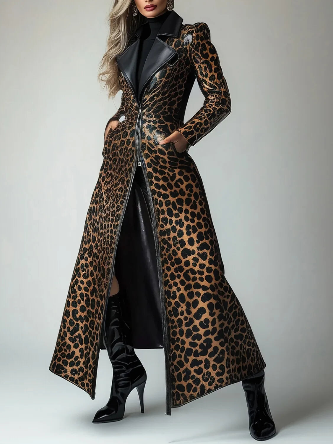 High Quality PU Leather Leopard Pattern Zipper Pocket Trench Coat for Women Fashion Extra Long Skirted Elegant Overcoat S-3XL