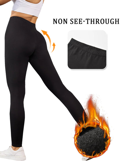 Fleece lined workout leggings with thermal insulation. High waist women's pants ideal for winter running, yoga