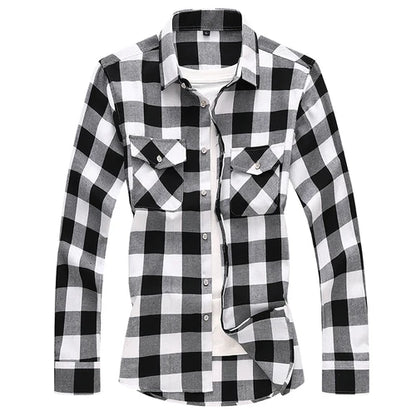 2026 New Men's Long Sleeved Plaid Shirt, with Two Chest Pockets Single Breasted Lapel Cotton Shirts Big Size Male Top Chemise