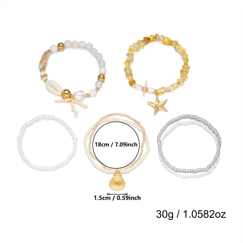 Cute Coral Starfish Shell Multi-Layer Bracelet for Women Ocean Series Fashion Stackable Beaded Jewelry Accessories
