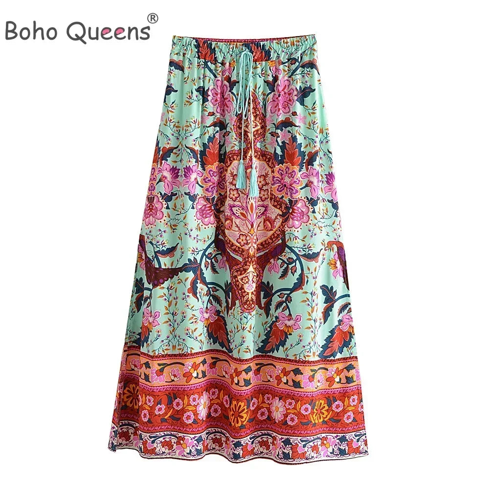 Boho Queens Peacock Women Vintage Floral Printed Tassel Beach Bohemian Maxi Skirts Ladies Elastic Waist Rayon Long Skirt