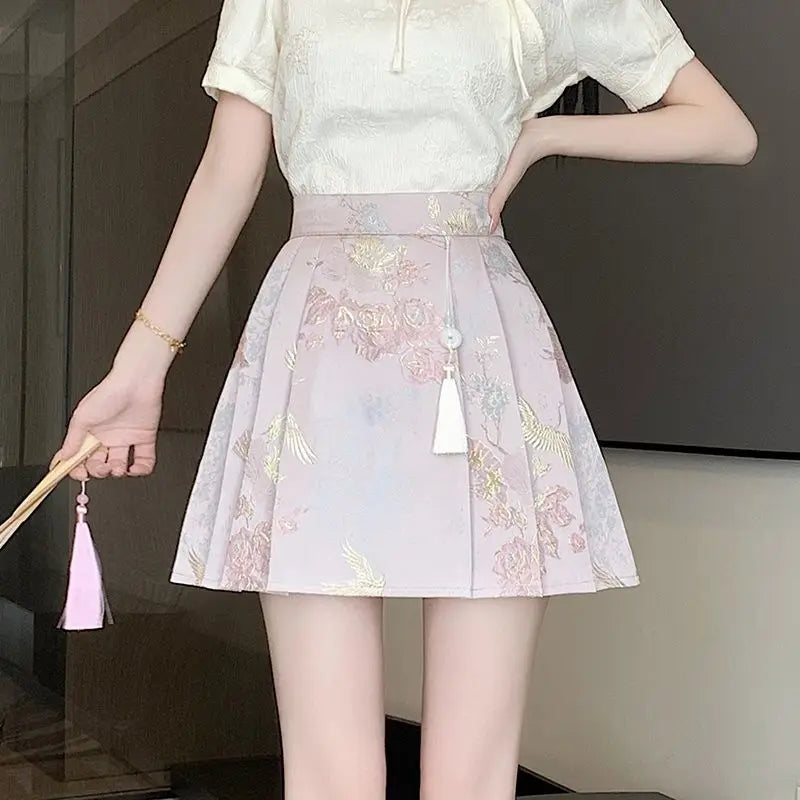 New Chinese Style Jacquard Embroidered Pleated Skirt for Women 2025SS High Waist Slim Anti-exposure A-line Girl Short Half Dress