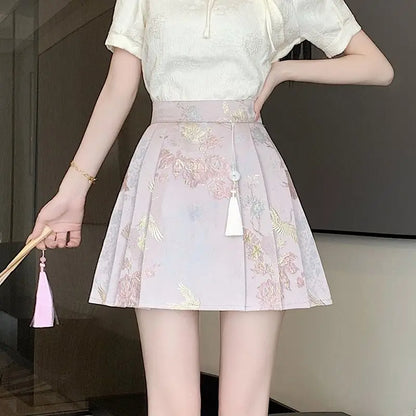 New Chinese Style Jacquard Embroidered Pleated Skirt for Women 2025SS High Waist Slim Anti-exposure A-line Girl Short Half Dress