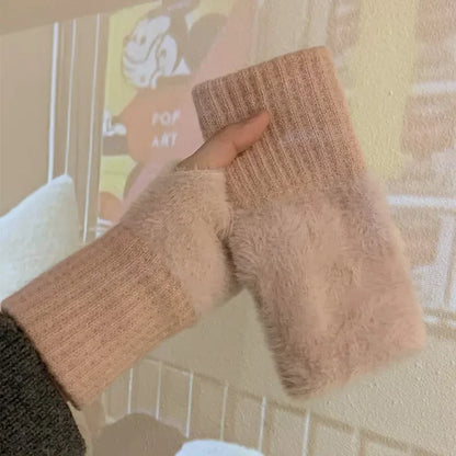 Soft Winter Half Finger Gloves Women Warm Luxury Solid White Plush Knitted Fingerless Gloves Wrist Mittens Writting