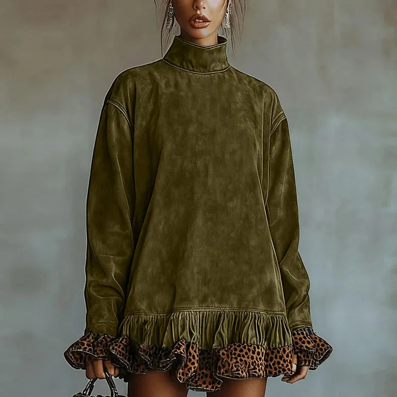 Vintage Fashion Patchwork Leopard Ruffle Dress Woman Casual Turtleneck Slim Mini Dress Autumn Long Sleeve Female Pullovers Dress