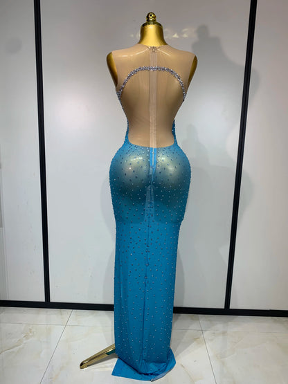 Women Sexy Evening Party Gowns Sparkly Diamonds See Through Mesh Stretch Asymmetrical Dress Celebrity Elegant Singer Outfit