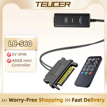 TEUCER  LC-S60 ARGB Controller Cable 5V 3PIN to SATA Interface Extension Controller with Remote Control for PC Cooling Fan