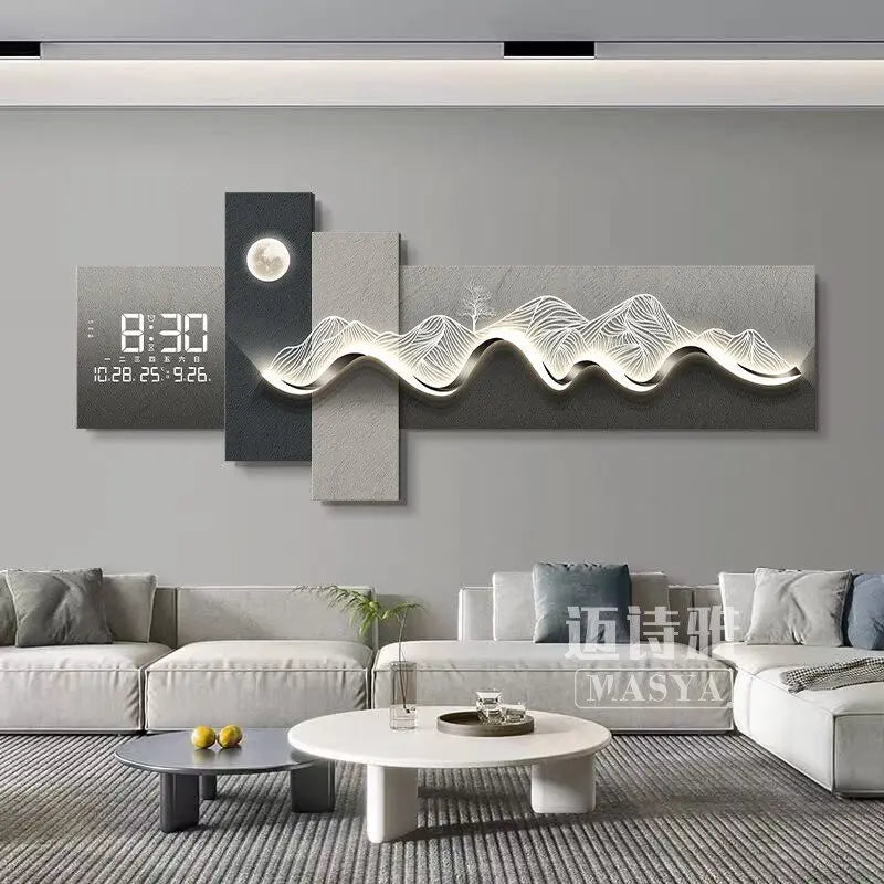 Modern Living Room Decoration Painting With Mountain Backed Led Clock Wall Lamp Painting Sofa Background Wall Hanging Painting