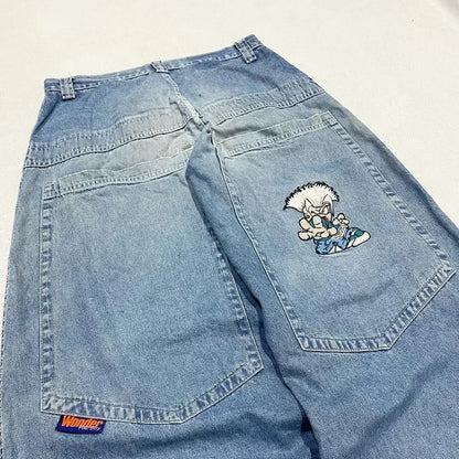 Y2K Baggy Jeans Women Cartoon Characters Embroidered Light Blue Washed Denim Jeans Harajuku Goth Skateboard Pants Street Clothes