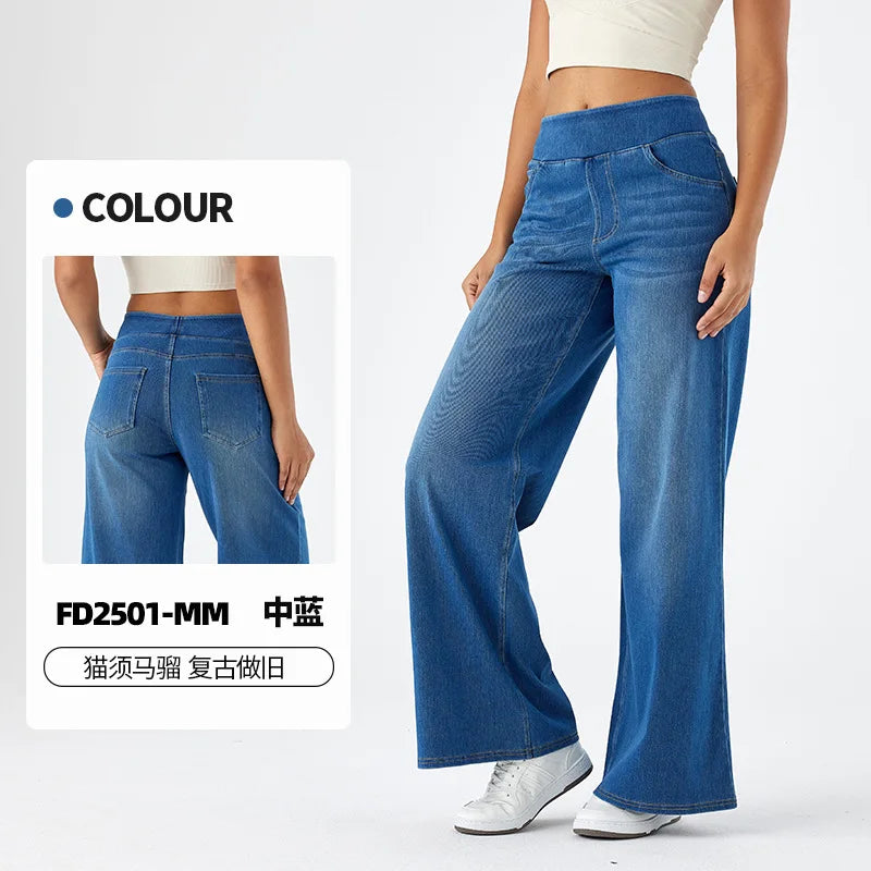 Women Jeans Denim Pant Wide Leg Long Pants Y2k Streetwear Elastic Waist Straight Trousers Elegant Mom Jeans Temperament Casual