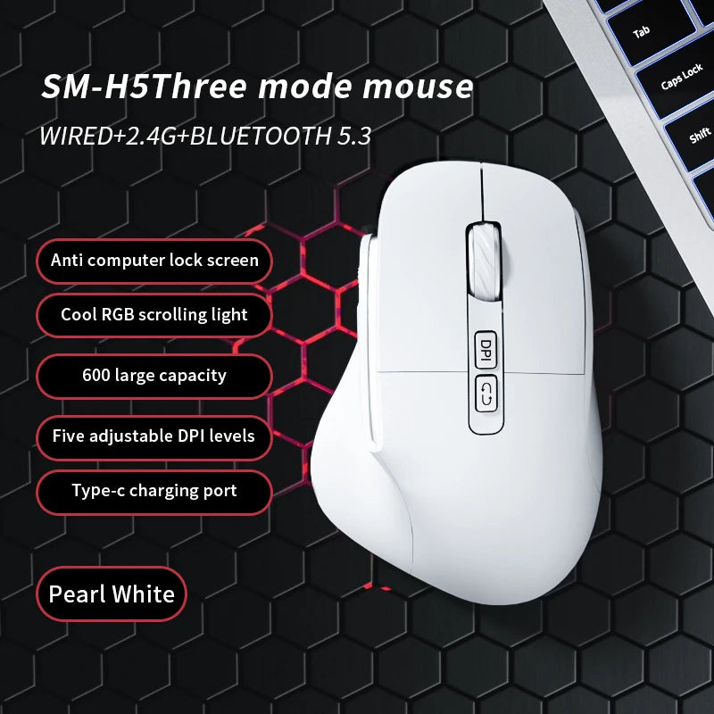 Lenovo 3 Mode Wireless Mouse Bluetooth 5.3+2.4G+Wired Ergonomic RGB Gaming Mouse with Macro Keys Rechargeable for Office Gaming