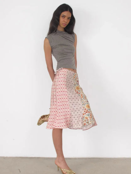 CHEERART Pink Patchwrok Floral Mermaid Skirt For Woman Summer 2025 Knee Length Ladies Fashion Bottoms Designer Clothing