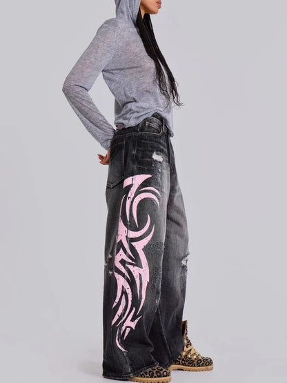 Y2k Vintage Gothic Punk Jeans Women Harajuku Print Grunge Baggy Denim Trousers Punk Hip Hop Black Streetwear Wide Leg Jeans