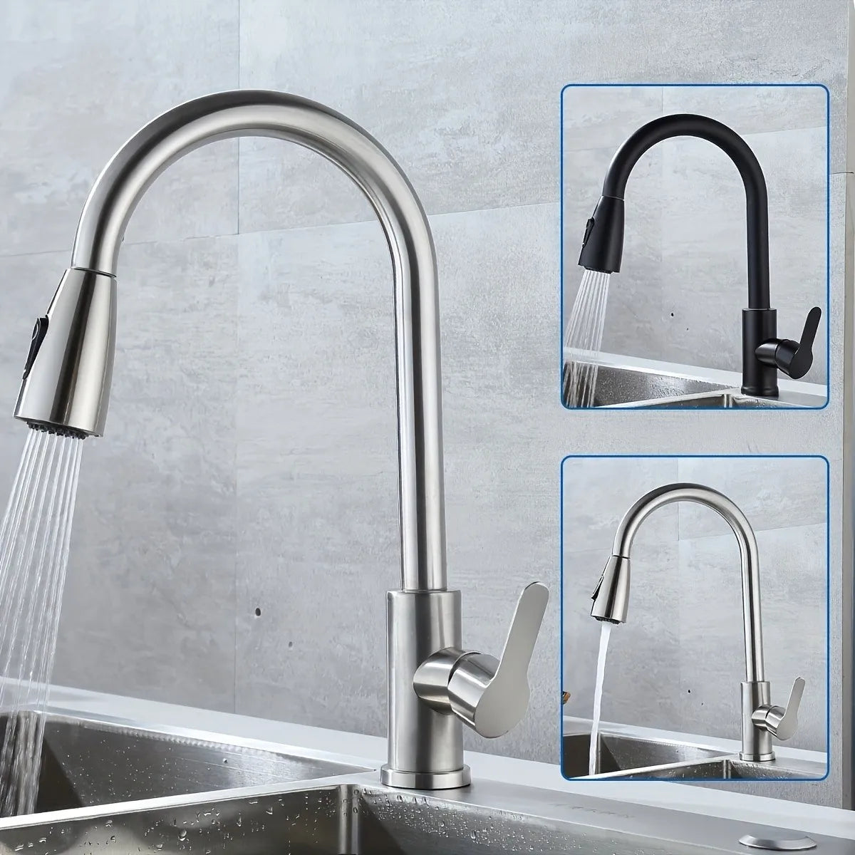 Stainless Steel Pull-Down Kitchen Faucet, Single-Hole Installation, Ceramic Valve Core, G1/2 Asian Standard Inlet.