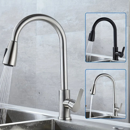 Stainless Steel Pull-Down Kitchen Faucet, Single-Hole Installation, Ceramic Valve Core, G1/2 Asian Standard Inlet.