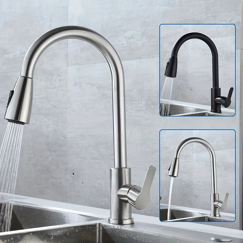 Stainless Steel Pull-Down Kitchen Faucet, Single-Hole Installation, Ceramic Valve Core, G1/2 Asian Standard Inlet.