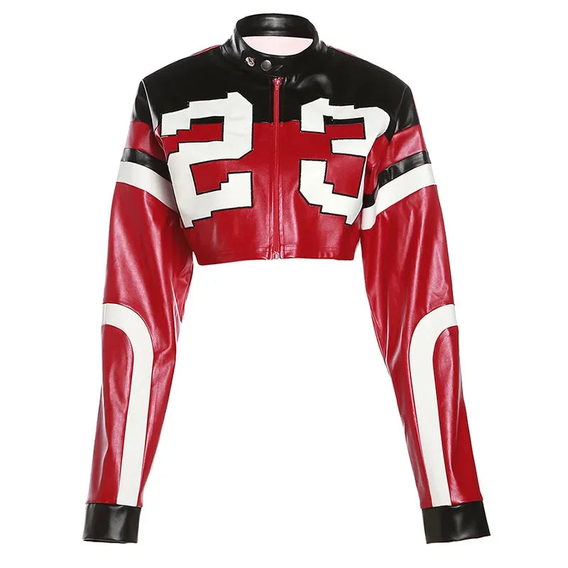 CM.YAYA Women Fashion Letter Printed Patchwork Zipper Fly Moto and Biker Style Faux Leather PU Jackets