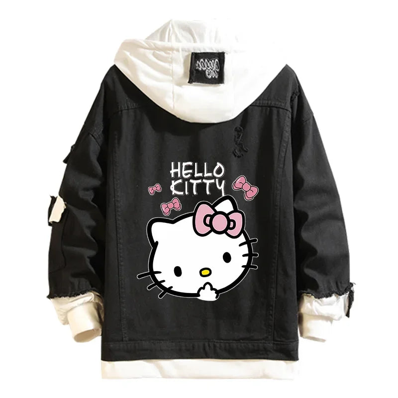Anime Sanrio Denim Bomber Jacket Hello Kitty Hooded Jeans Sweatshirt Unisex Ripped Hole Cosplay Hoodie Long-Sleeved Denim Jacket