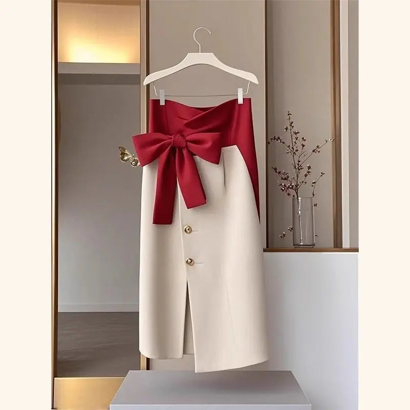 Elegant Bow Party Skirt Spring New Fashion Single Breasted Office Lady Midi Jupe Women's Slim Asymmetric Patchwork Faldas 855P