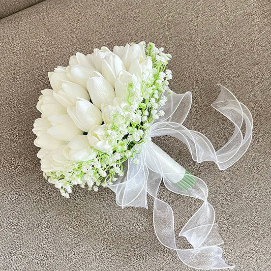 Bride Bouquet Wedding Flowers Bridal Bridesmaids PU Tulip Baby's Breath Artificial Flowers Table Centerpieces Prom Accessories